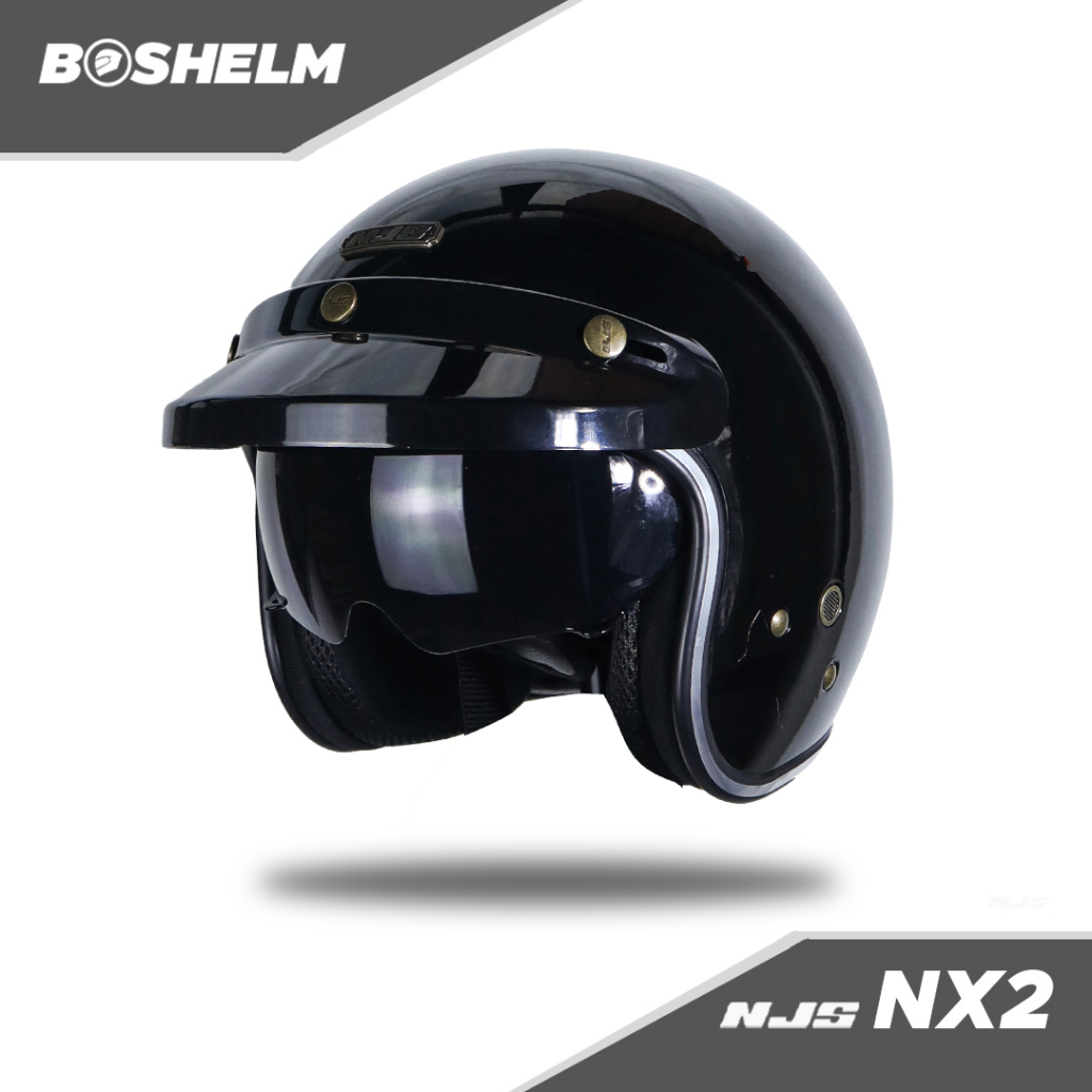 BOSHELM Helm Retro NJS NX2 HITAM GLOSSY Helm Half Face SNI