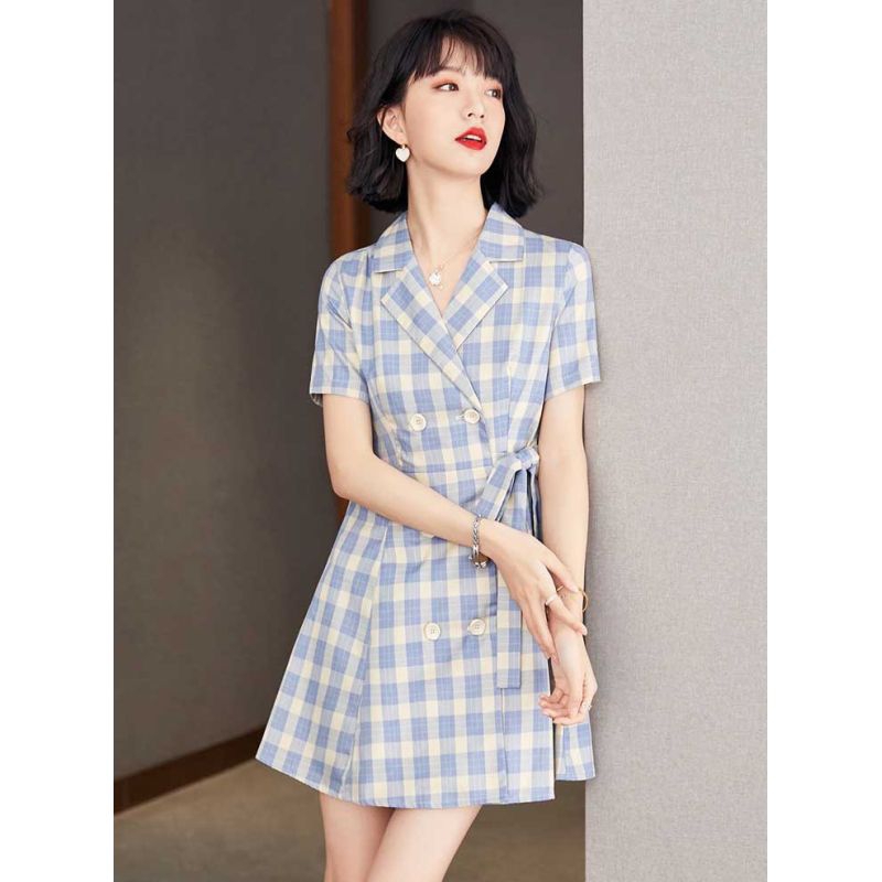 Dress wanita motif  kotak kotak biru putih katun Korea lengan pendek elegant