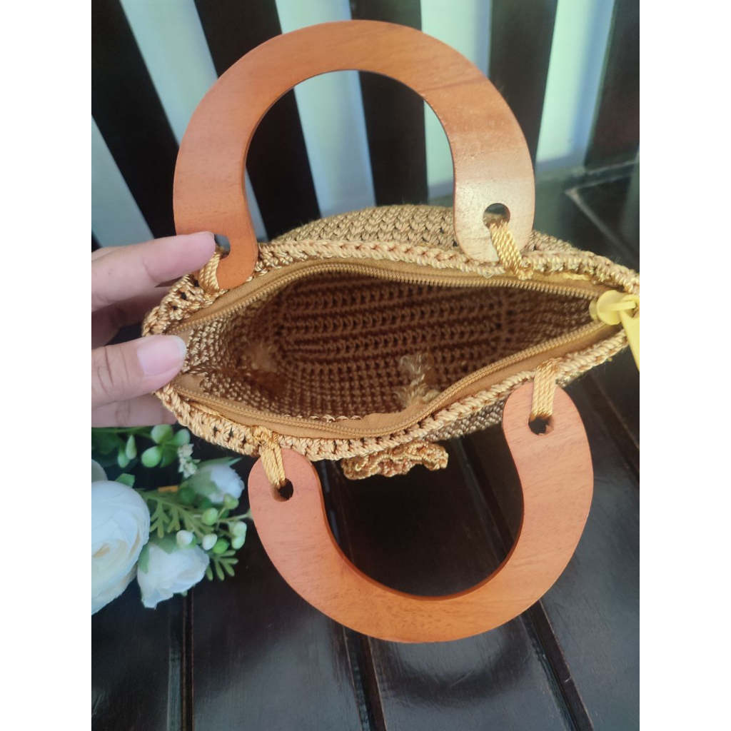TAS WANITA RAJUT BUNGA RESLETING / TAS SELEMPANG WANITA ANYAMAN HANDEL KAYU
