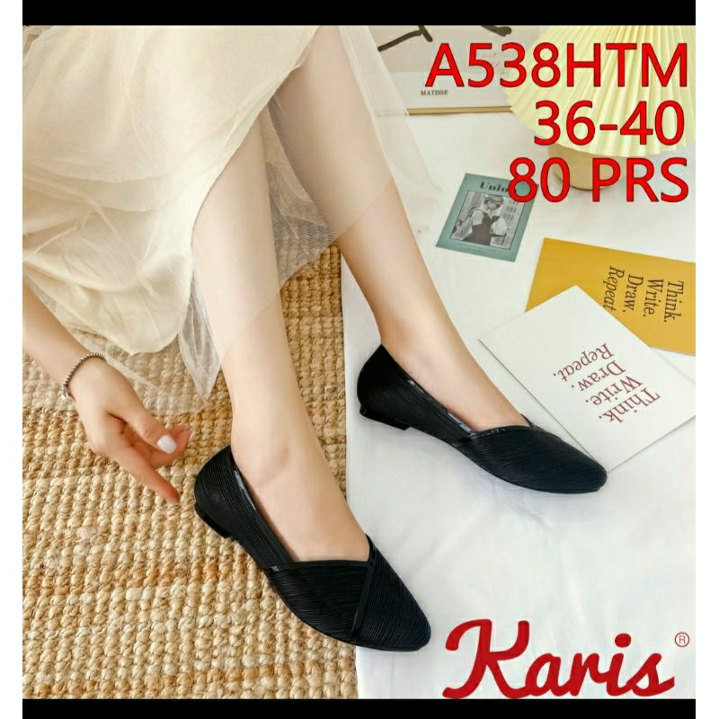Sepatu Flat Hitam Karet Kuliah Kerja Wanita Karis 538 Empuk