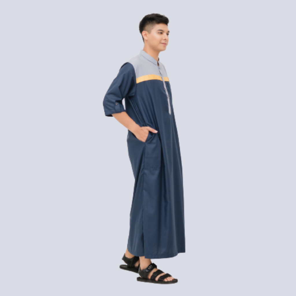 Kawan Muslim - Jubah Gamis Ikhwan Dewasa Premium Modern Model Kancing Mix Warna Lengan Pendek Navy Putih