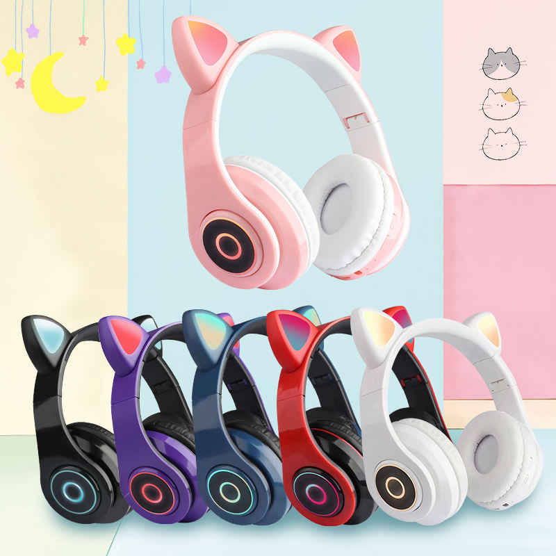 B39 JST28 Headphone Bluetooth Anak Motif Kuping Kucing Bando Headset LED Wireless On-Ear Bass - XOBOX