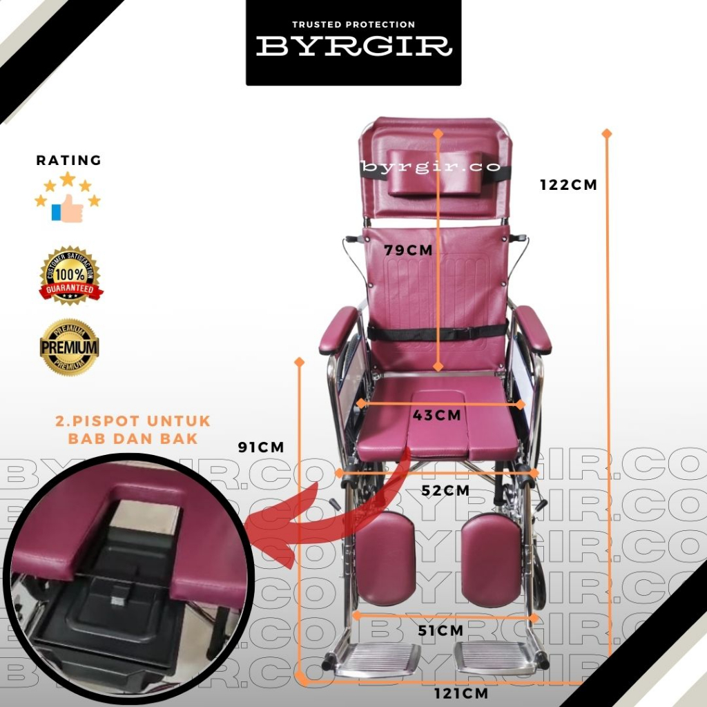 BYRGIR Kursi Roda Lipat Wheelchair 5in1 Multifungsi BAB Toilet Meja Makan Travel Travelling Lansia Rebahan Baring Medis Portable Comfort Kokoh Kuat Dan Nyaman