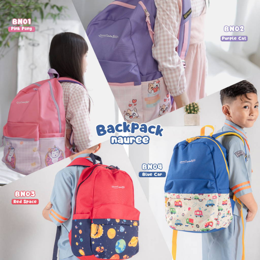 Nauree - Backpack Free Pouch Strap Bahu Empuk Untuk Anak Perempuan Laki Laki Karakter Kartun Gambar Superhero Tali Punggung BN 01 02 03 04 Bahan Cordura Cocok Untuk Anak Sekolah TK SD Modis Berkualitas Awet