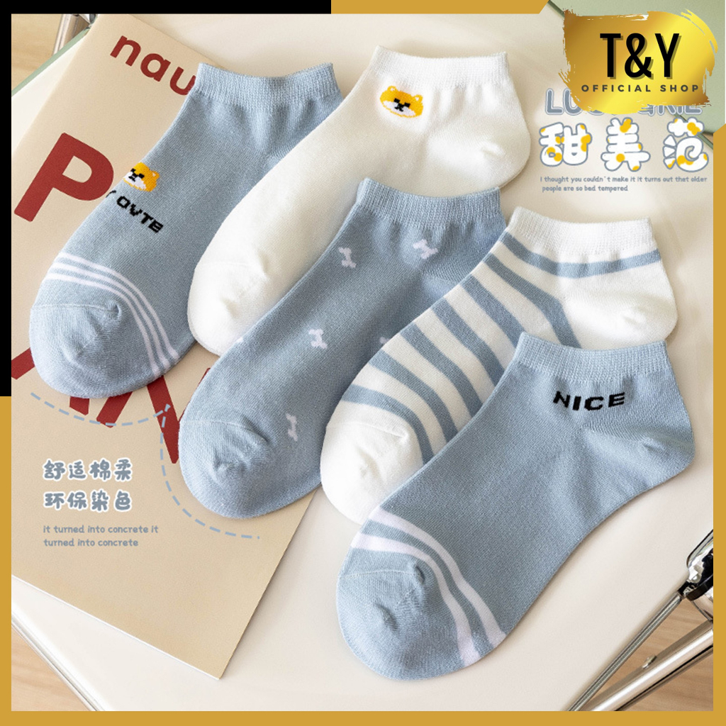 T&amp;Y Kaos Kaki Wanita Motif Garis Beruang Kaos Kaki Ankle Semata Kaki Motif blue Bear Garis Biru 6792 Kaos Kaki Pendek Love Fashion Wanita