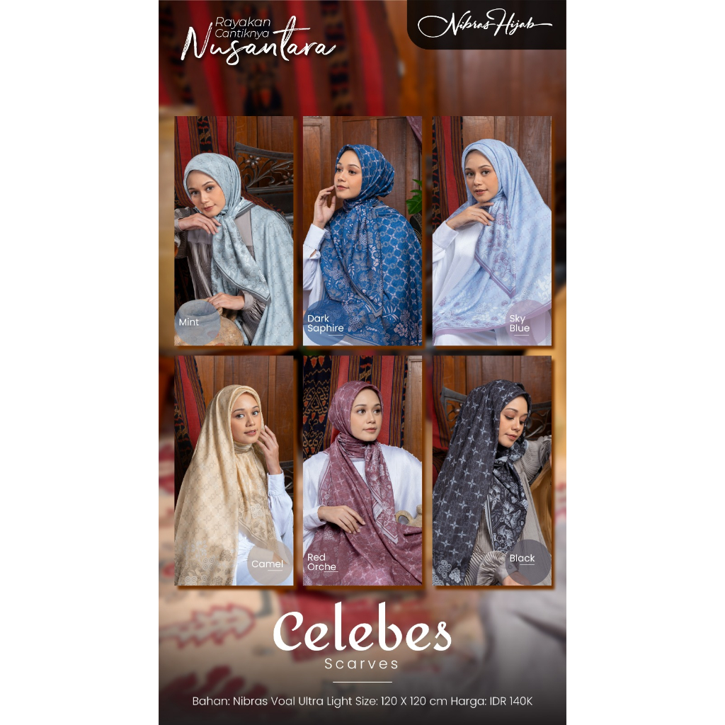 Nibras Hijab CELEBES Scarves Series Bahan Nibras Voal Ultra Light Hijab Segiempat Motif Simpel Modern by NBRS Hijab bisa COD