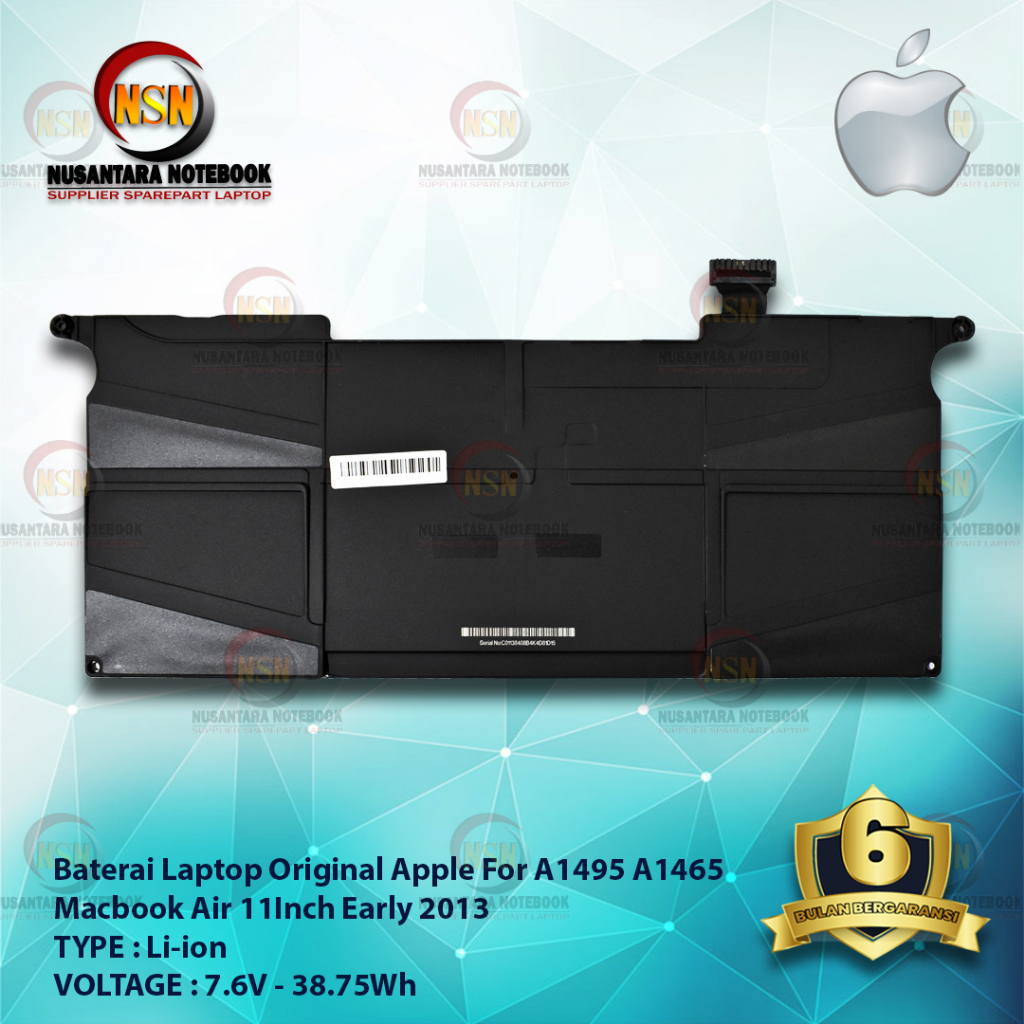 Baterai Apple OG A1495 A1465 Mac Air 11&quot; Early 2013 7.6V 38.75Wh