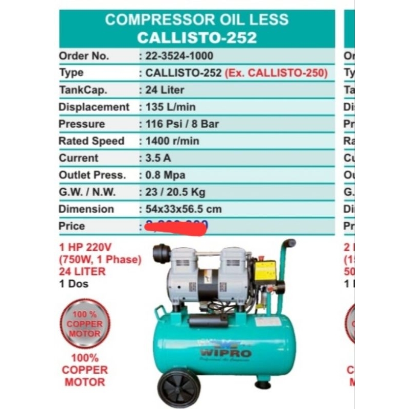 Kompressor Angin Kompresor Udara Oiless Wipro Callisto 252 1 hp 1 pk