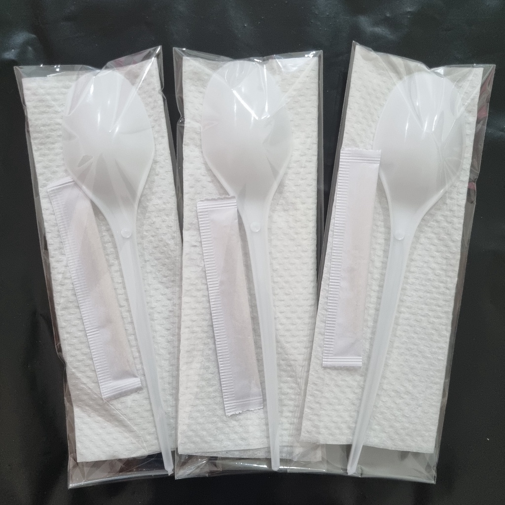 Paket Sendok Garpu plastik Set Catering 50 set (Tissue + Tusuk Gigi) Plastik Steril makanan set bening