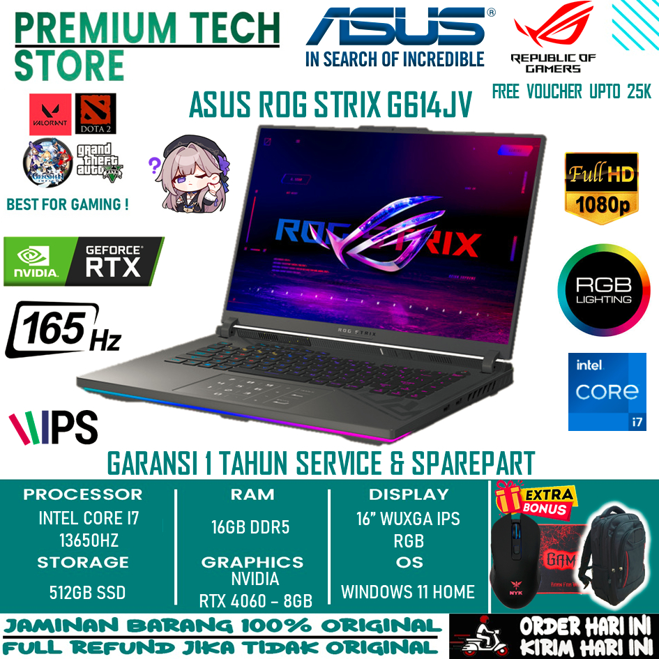 Laptop Gaming Asus Rog Strix G614JV Intel I7 13650HX 16Gb Ram 512Gb Ssd Nvidia Rtx 4060-8Gb 16 Wuxga Ips Windows 11 Original