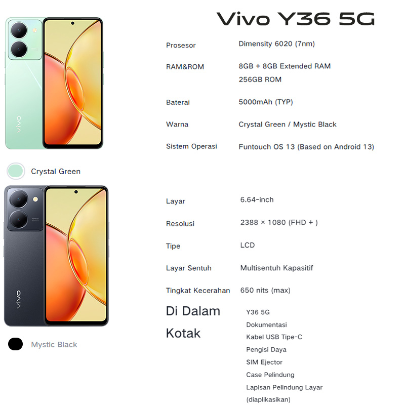 Vivo Y36 5G Y35 RAM 8GB+8GB Extended ROM 256/128GB 5000mAh Triple Camera Garansi Resmi handphone vivo y33S handphone BNIB Vivo Y36