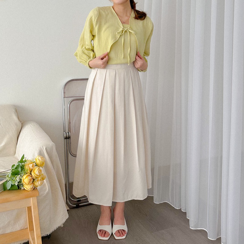 KANON - Saba Pleated Skirt - Rok midi korean lipit katun linen crinkle