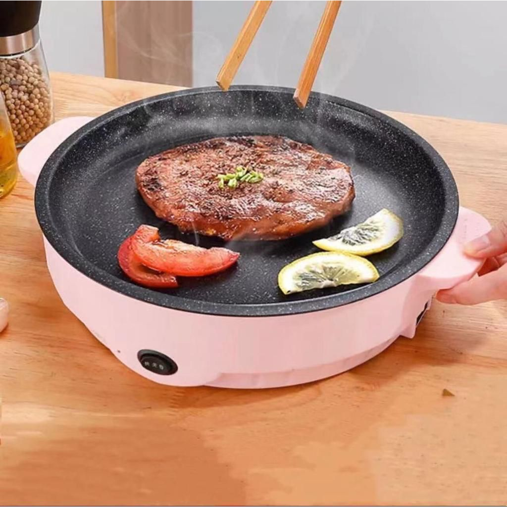 JE.ID Frying Pan Grill BBQ Listrik Panci Wajan Elektrik Grill Pan Serbaguna Multifungsi 22CM Panci Elektrik BBQ Griller Listrik Panci BBQ Grill Pan Panggangan BBQ Panci Listrik Anti Lengket Serbaguna untuk BBQ &amp; Menggoreng