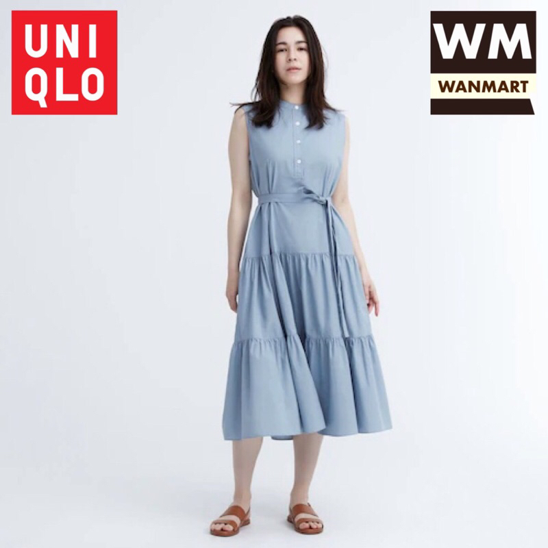 UNIQLO Women Dress Gaun Katun Slub Wanita Tanpa Lengan Blue