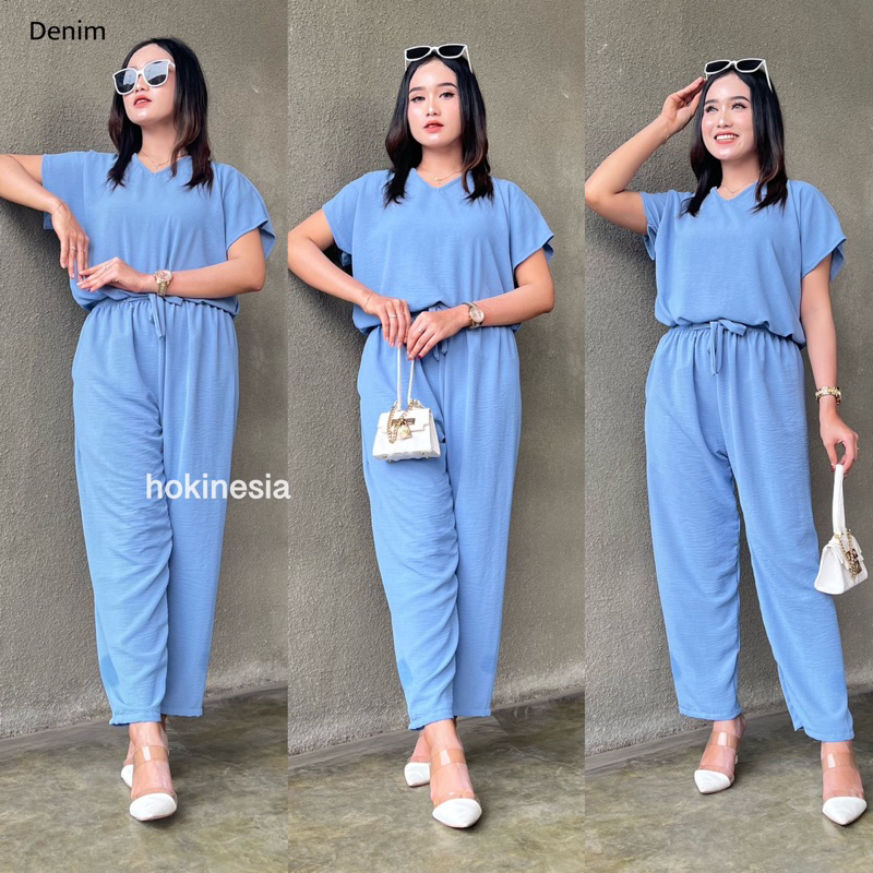 ONE SET CRINKLE AIRFLOW VNECK LENGAN PENDEK / ONE SET VAZA