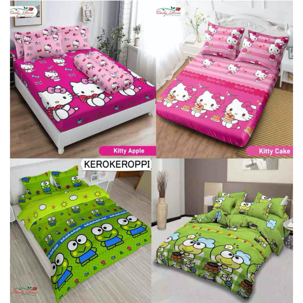 Sprei Motif KEROPI &amp; HELLO KITTY ukuran 180x200, merek LADY ROSE, sprei kartun motif karakter anak, Hello Kitty Cake, Hello Kitty Apple, Kerokeropi, Keropi Chef (BISA COD), anti luntur