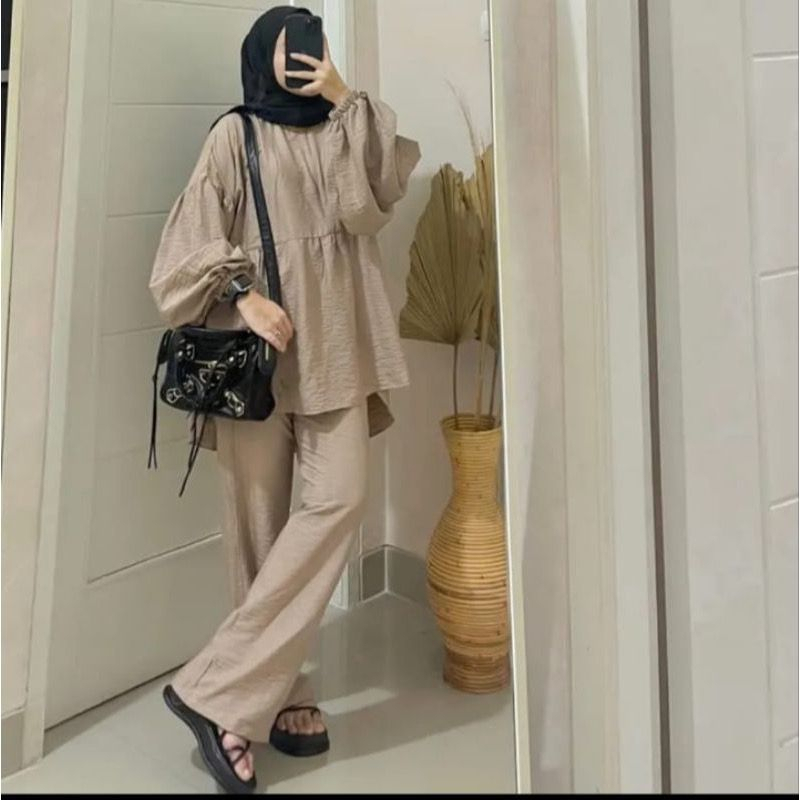 one set rufle lengan balon celana cutbray polo linen setelan kekinian best seller ld 130 Busui Friendly