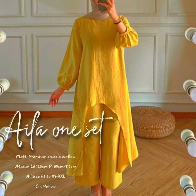 Aila One Set Long Tunik Polos Setelan Cringkle Premium Fashion Muslim One Set Jumbo Ld120 CM Baju Setelan Wanita Kekinian