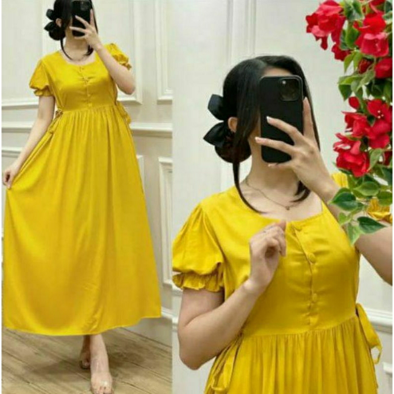 Dress Wanita Kekinian Model Chibi Lengan Kerut Busui Polos Lengan Pendek