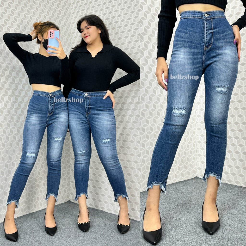 Celana Jeans 7 9 Highwaist Wanita Sobek Tidak Tembus Stretch Jumbo Kekinian Premium Meggi