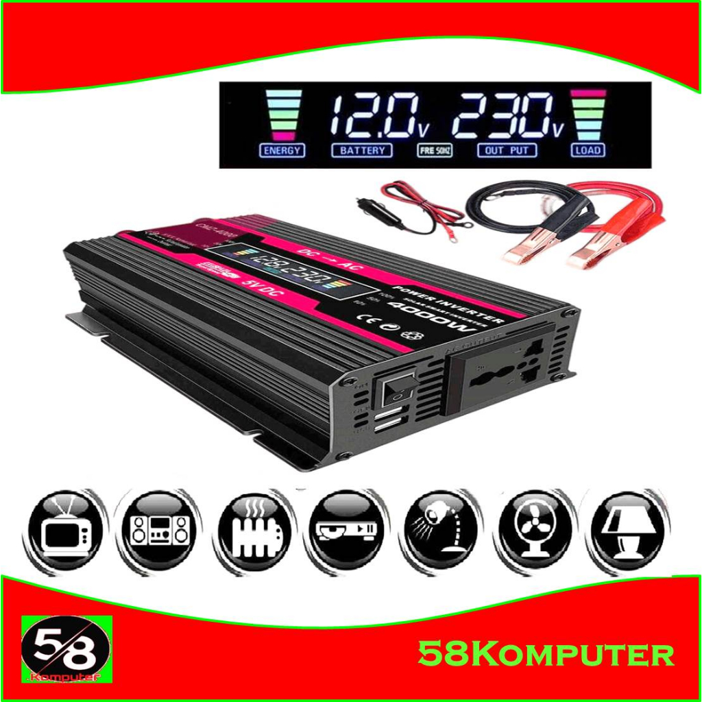 Power Inverter Pure Sine Wave DC 12V/24V to AC 220V 4000W - CMZ-4000 2 USB Port LED