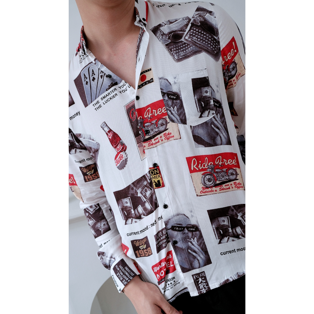 SANVANINA Kemeja Hawaii Lengan Panjang Long Vintage White E-8510