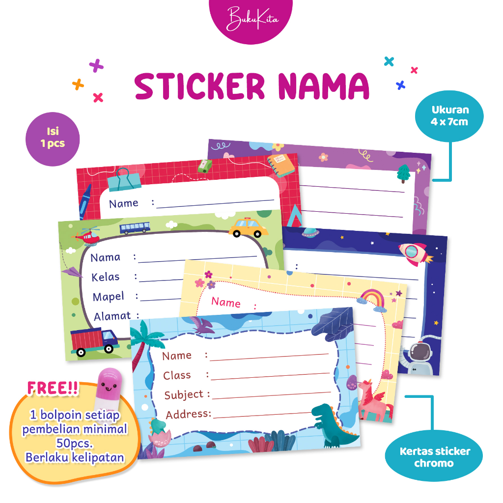 Stiker Label Nametag Nama Kelas Buku Tulis dan Pelajaran Anak Sekolah TK SD SMP SMA Indonesia Englis