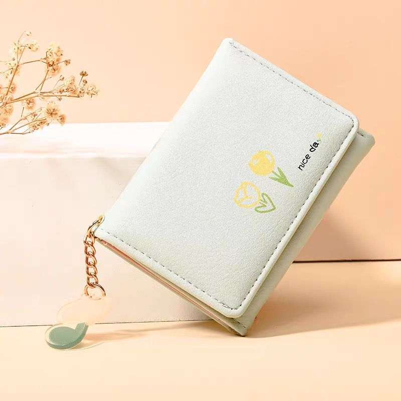 FY Dompet Lipat Mini Dompet Lipat Wanita Motif Flower Free Gantungan Cute