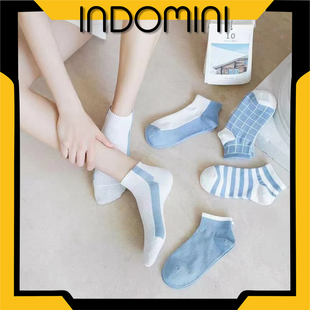 INDOMINI Kaos Kaki Pendek Motif Belang BIru Putih / Kaos Kaki Laki-Laki Perempuan / Angkle Socks Import KK131