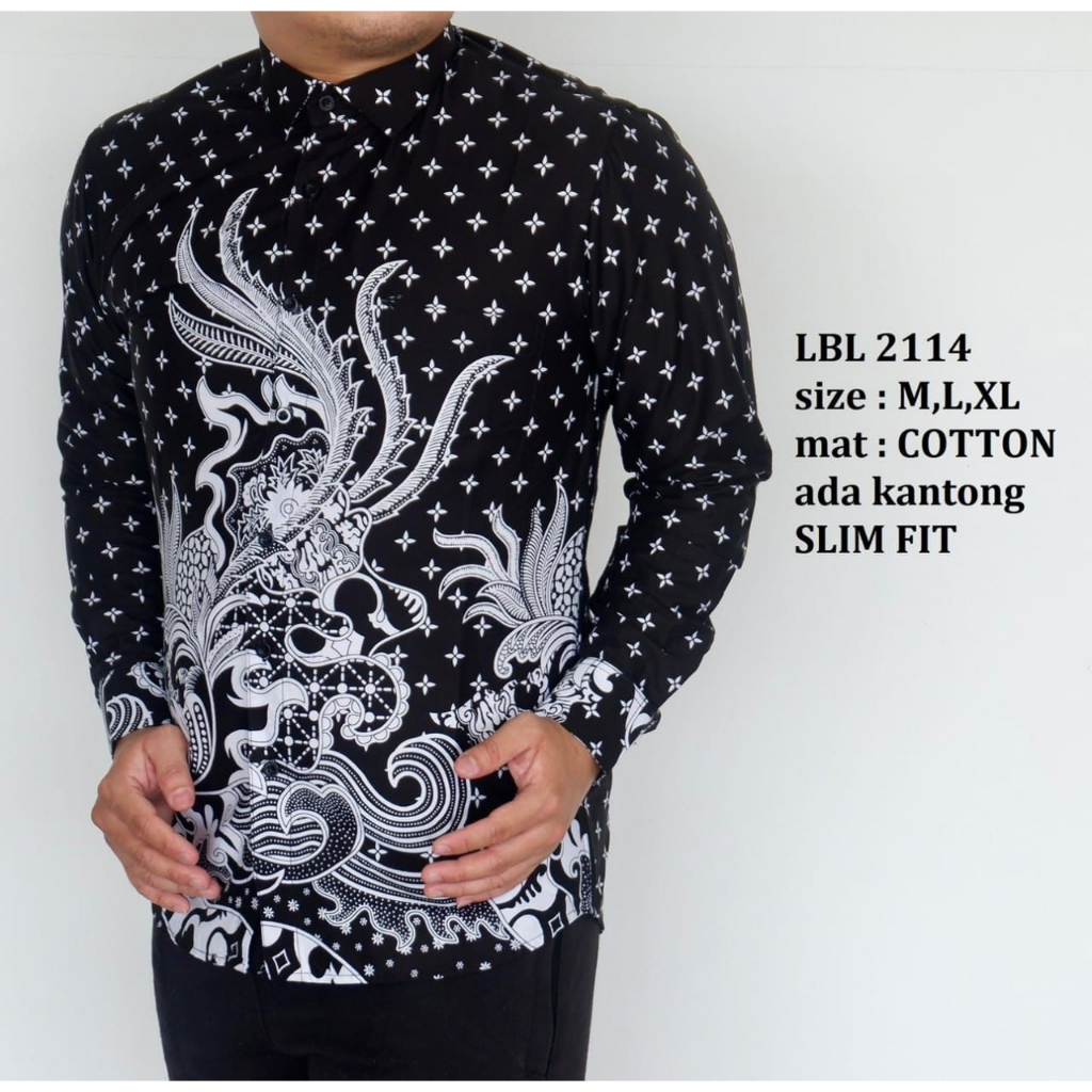 BatikBule Kemeja Batik Slimfit Panjang Motif Casual Warna Putih Hitam LBL 2115