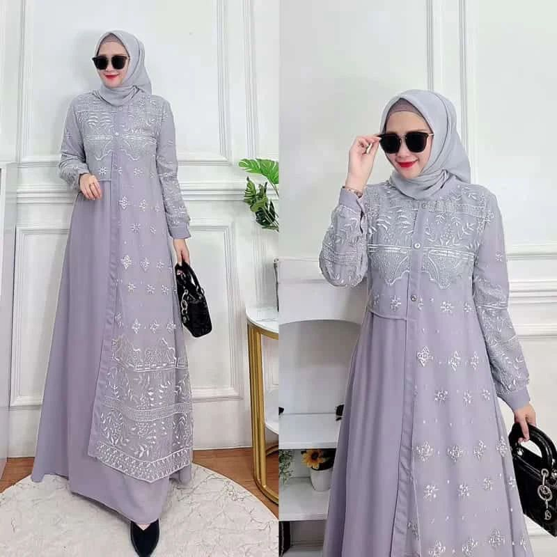 Gamis allena dress bahan ceruty baby doll premium full furing / busui / resleting depan original