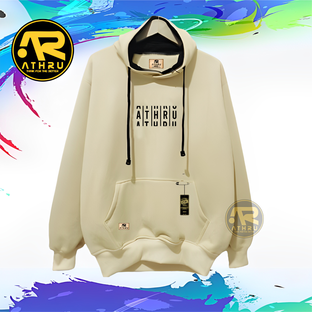 Athru Switer Hodie Pria Wanita Distro Unisex Warna Cream Sablon Print Huruf Sweater Jemper Cowok