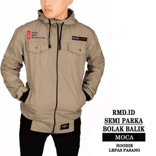JAKET SEMI PARKA BOLAK BALIK WATERPROOF BLACK JAKET PARASUT PRIA ANTI AIR ANTI ANGIN HOODIE COWOK HI