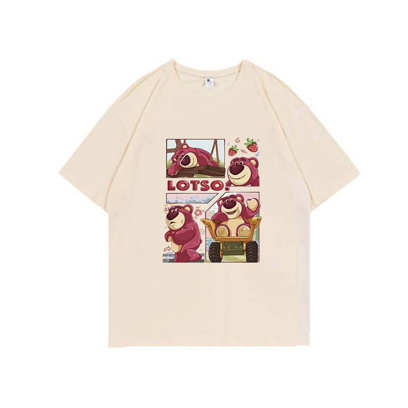 kaos wanita lengan pendek oversize printing t-shirt/letter Strawberry bear loose putih kaos