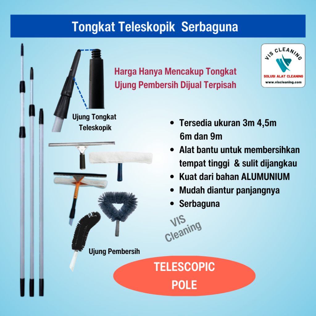 Paket Lengkap Tongkat Teleskopik / Telescopic Pole 9 m+Pembersih Jendela+Sikat Sawang