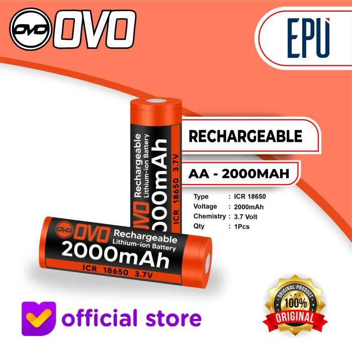 Ovo Rechargeable Battery ICR 18650 Baterai Cas Baterai Vape 2000mAh