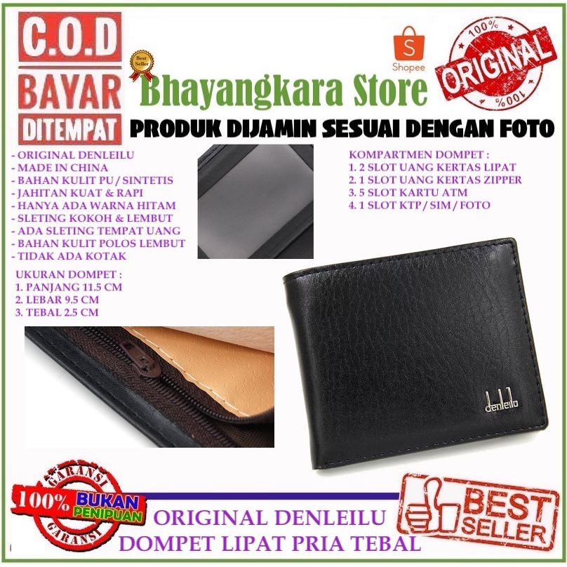 IMPOR DENLEILU DOMPET UANG LIPAT PRIA WARNA HITAM TEBAL DENGAN ZIPPER TEMPAT UANG