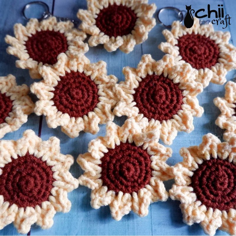 Gantungan Kunci Rajut Bunga Matahari | Bros Rajut Bunga Matahari | Crochet Sunflower Keychain Bagcha