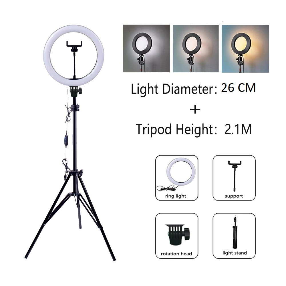 Ringlight Lampu Selfie 26Cm LED 3 Color + Tripod 2.1M  Holder Make Up Vlogger AH085 - ACS