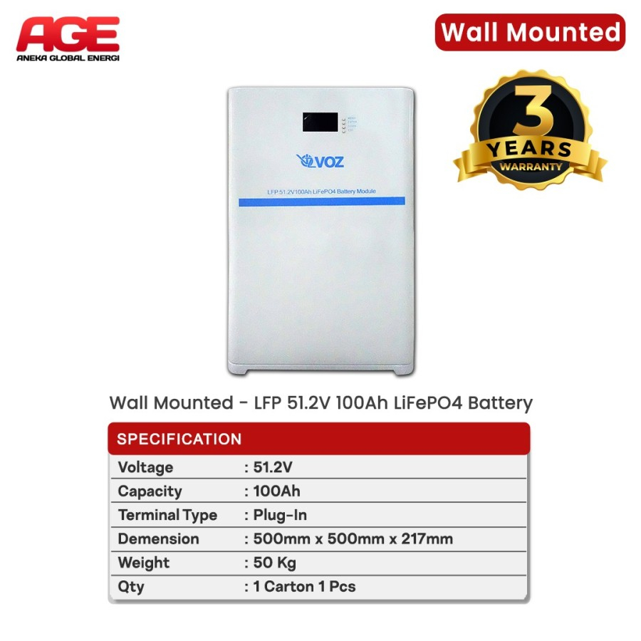 Voz Baterai LiFePO4 51.2V 100 Ah Wall Mounted