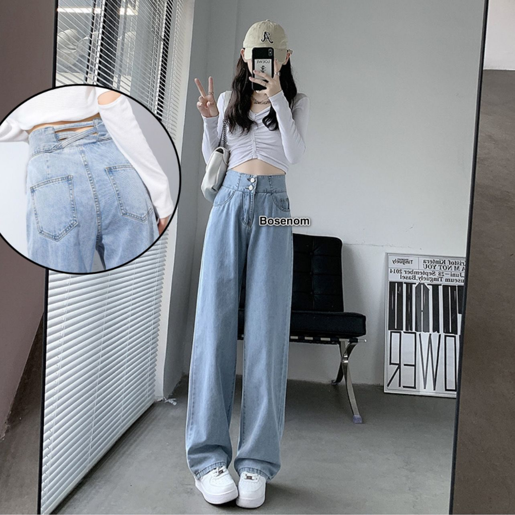 BOSENOM- Celana Kulot Jeans Wanita Highwaist Premium Variasi 2 Kancing Loose Celana Jeans Panjang Kasual Pinggang Crossback Kaki Nyaman Santai