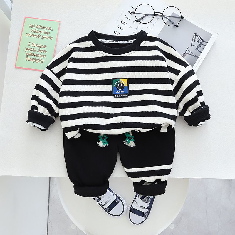 Setelan lengan panjang anak laki-laki MOTIF SALUR HITAM PUTIH SMILE usia 6 bulan-5 tahun premium import / baju anak ala korea