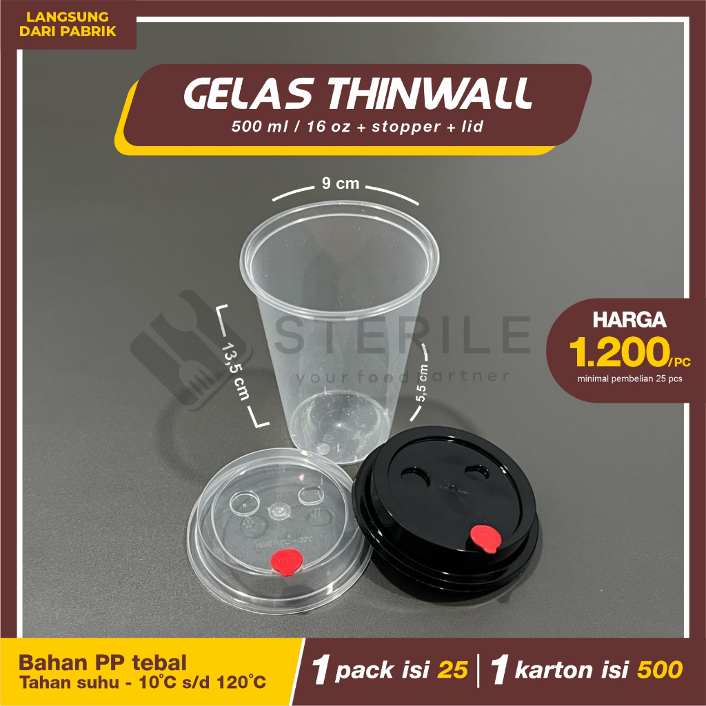 GELAS THINWALL OVAL 500 ML 16 OZ + TUTUP ISI 25 PCS / GELAS PP INJECT 500 ML / GELAS BOBA TEBAL