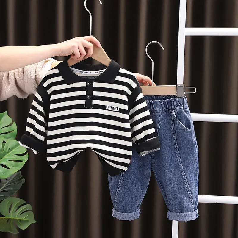 Setelan baju anak MOTIF SALUR HITAM PUTIH GREEN usia 6 bulan - 5 tahun ala korea import