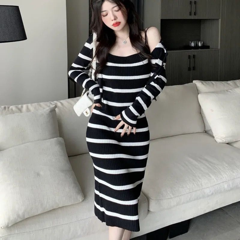 Basic id fashion Dres rajutwanita / Dres stripe 1 set + cardigan / Dres korean style