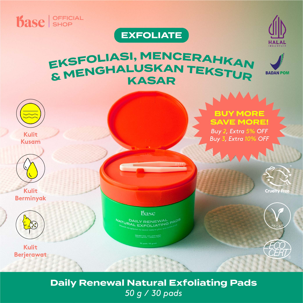BASE Daily Renewal Natural Exfoliating Pads Mengangkat Kotoran &amp; Sel Kulit Mati Tanpa Perih [BPOM]