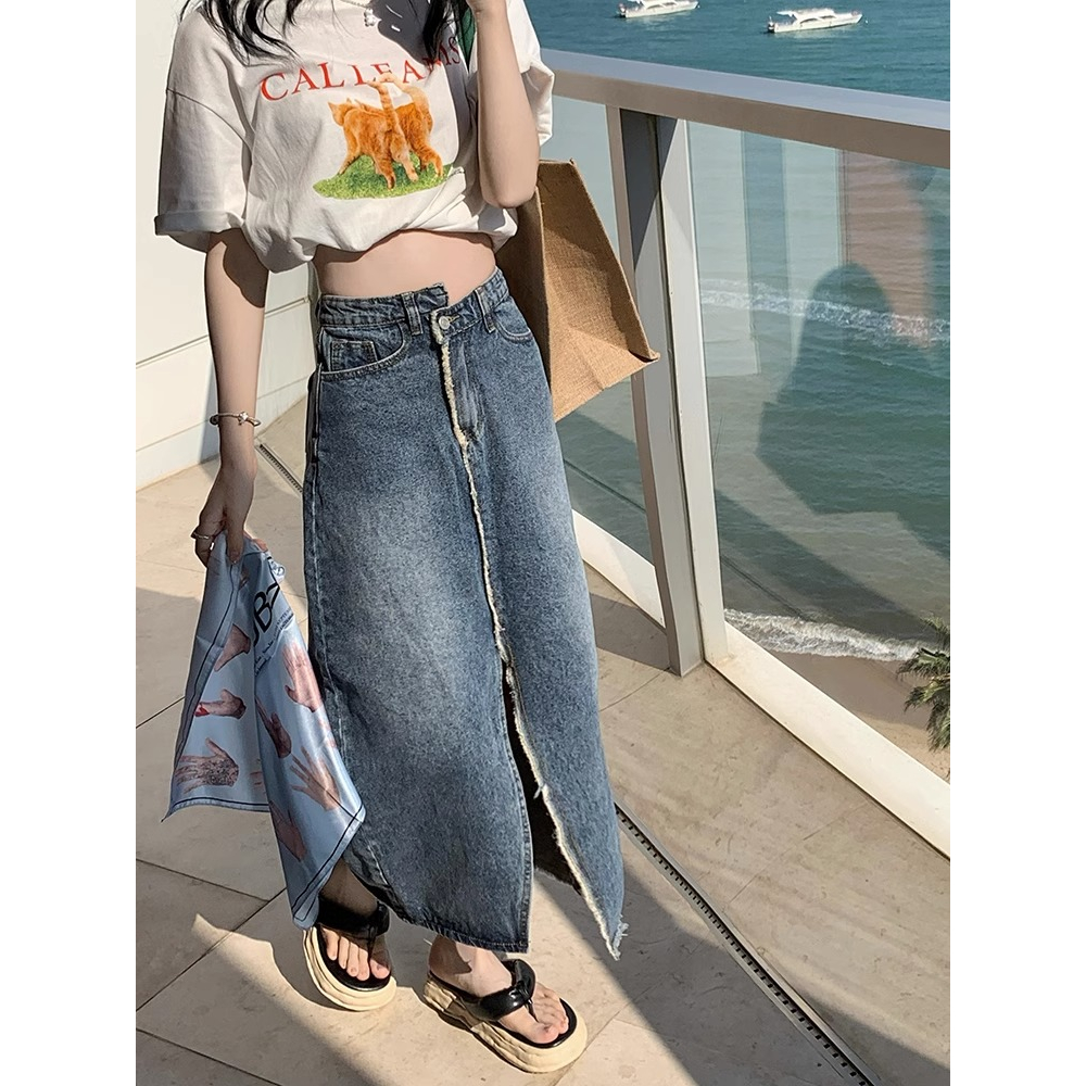 Biru Retro Highwaist Rok Denim A-line Rawis Korea Style