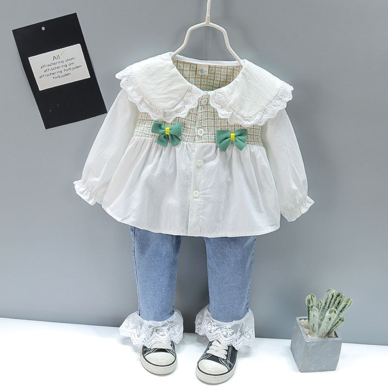 Setelan lengan panjang anak perempuan motif PITA GREEN usia 6 bulan - 5 tahun celana jeans import/ baju bayi premium ala korea