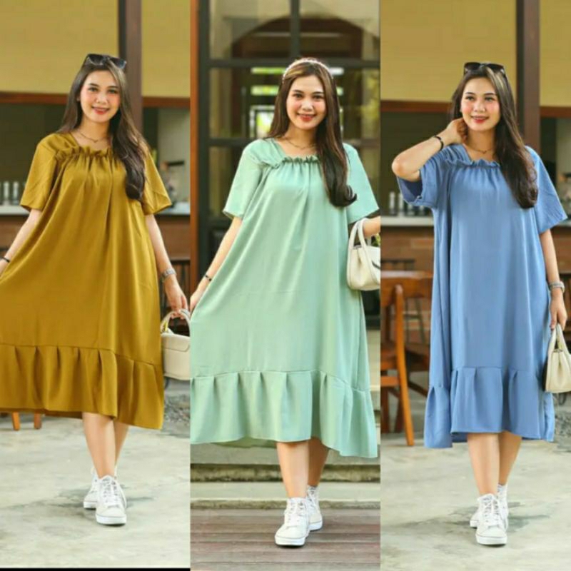 Claudia Daily Dress Lengan Pendek Korean Style Crinkle Airflow Daster Rempel Polos Terbaru Long Dress Kekinian