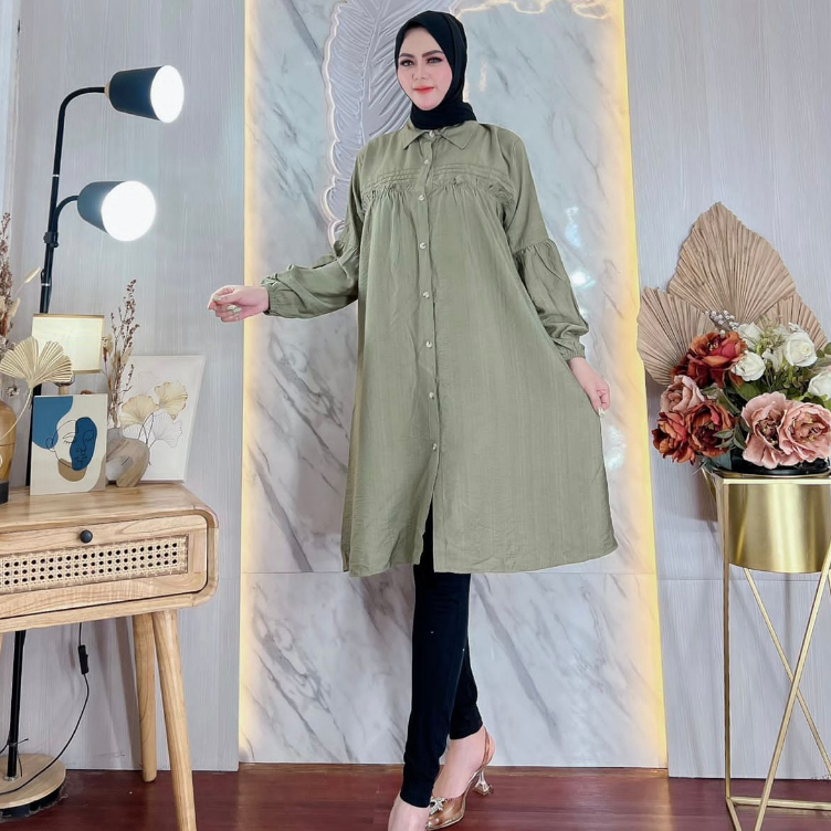 Hazel Tunik Polo Linen Atasan Wanita Lengan Ruffle Premium